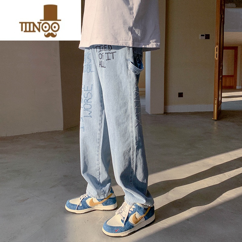 YANXU欧美vibe刺绣工装牛仔裤男潮牌ins美式高街嘻哈宽松阔腿拖地长裤高清大图