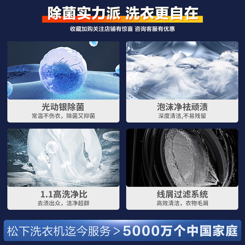 松下(Panasonic)6E1AK 全自动滚筒洗衣机10kg洗烘一体护衣烘干 光动银除菌 线屑过滤 超高洗净比高清大图