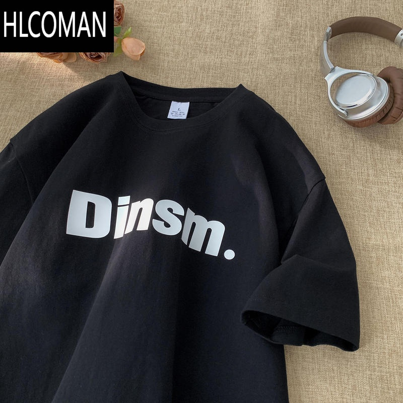 HLCOMAN字母短袖t恤男夏季潮牌五分半袖宽松大码圆领体恤