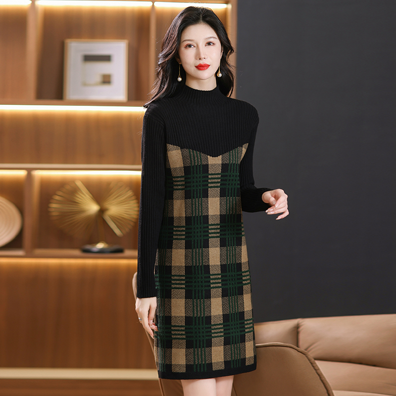 山羊绒衫女中长款高端新款春秋毛衣裙厚打底针织羊毛连衣裙女士半高领套头毛衣宽松连衣裙毛衣大码毛衫针织打底衫高清大图