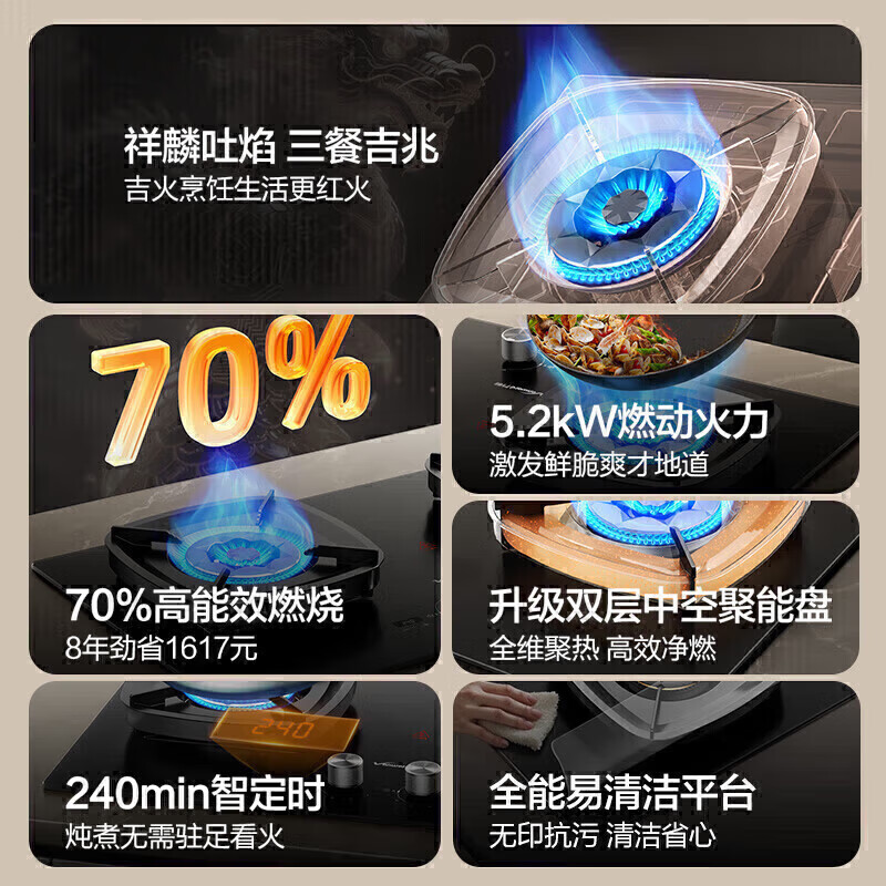 万和(Vanward)[超省星G9·定时无印面板]燃气双灶具5.2kW70%热效率烟灶家用定时关火煤气炉G9L56天然气高清大图