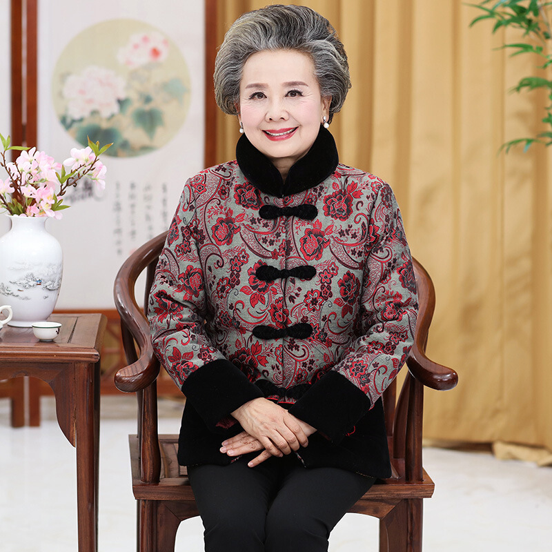 迪鲁奥（DILUAO)轻奢品质奶奶装加绒棉衣老太太加厚保暖棉袄中老年女装妈妈棉服老人衣服女_508 红色 XXL