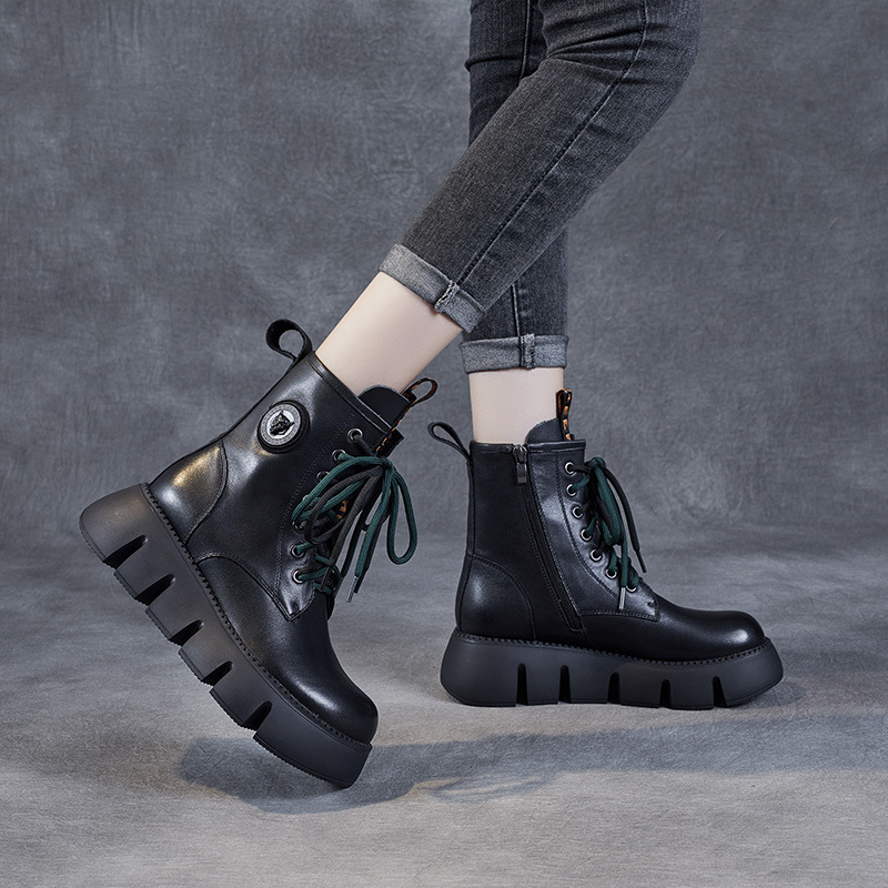 厚底短靴女2023秋冬新款真皮圆头系带侧拉链休闲松糕靴子女马丁靴高清大图