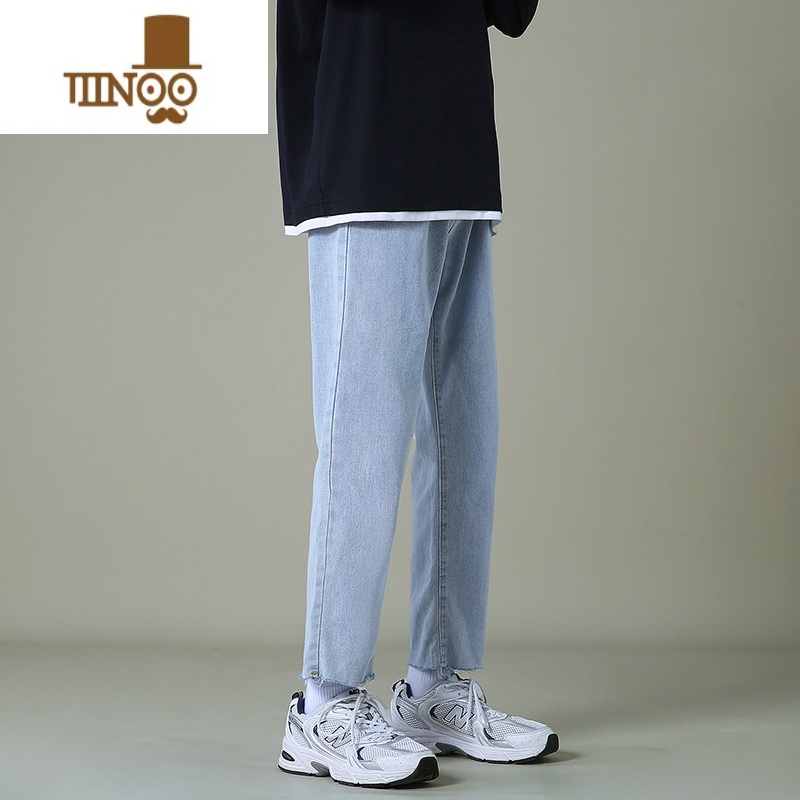 YANXU夏季浅蓝色牛仔裤男九分裤直筒宽松男士休闲韩版潮流毛边长裤子高清大图