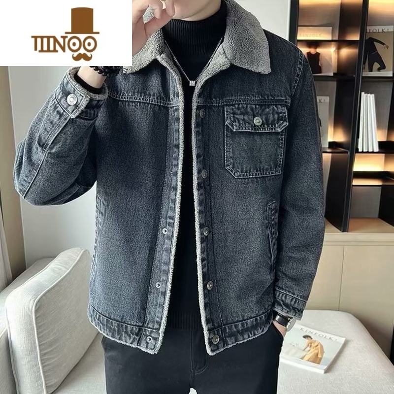 YANXU牛仔夹克外套男冬季2023新款加绒加厚牛仔衣大码休闲潮牌冬装高清大图