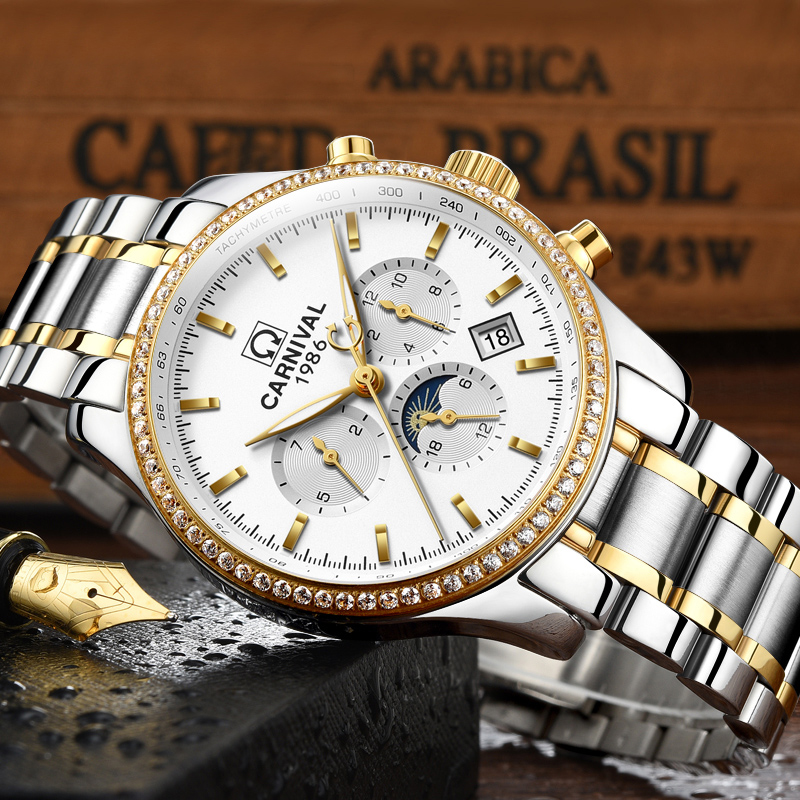 瑞士嘉年华CARNIVAL品牌手表时尚钻圈全自动机械表 男士多功能金属精钢带男表 镶水钻腕表三眼六针日月星辰显示8736高清大图
