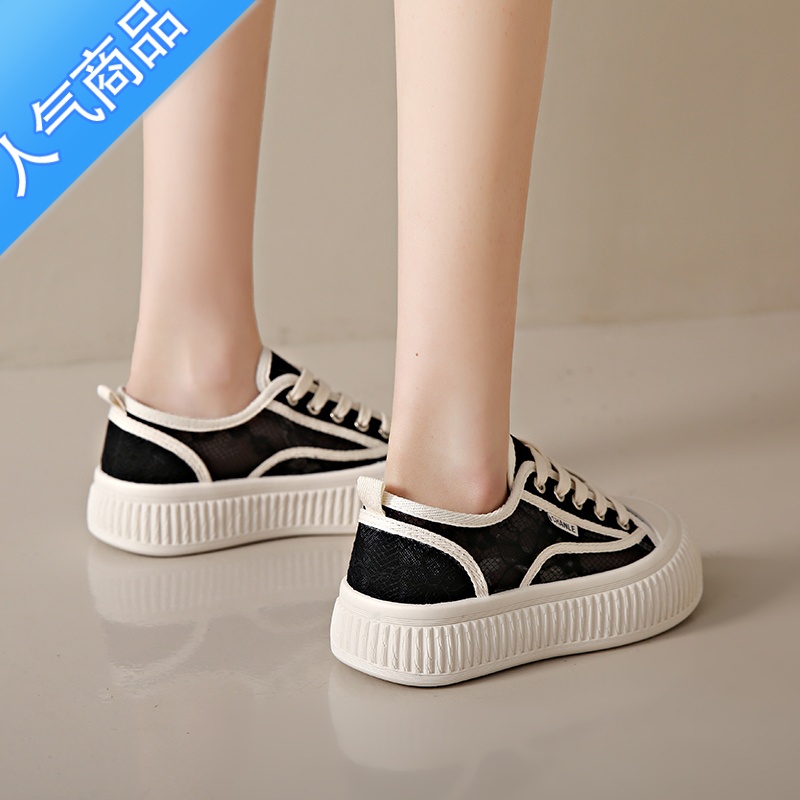 SUNTEK厚底帆布鞋女2023新款夏季镂空透气网面休闲运动板鞋女款34码高清大图