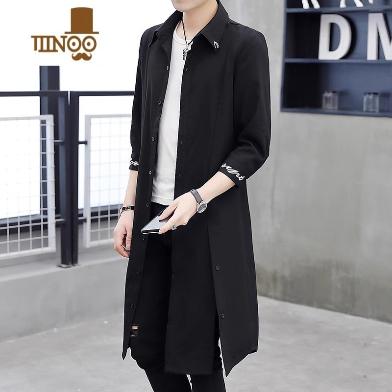 yanxu风衣男士中长款加长过膝披风帅气大衣中国风薄款外套连帽长衫