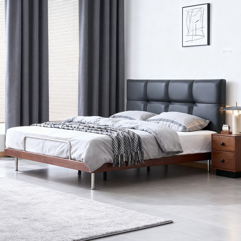 实木床超薄床巧克力包豪斯高脚床双人床主卧床卧室床婚床皮艺软包床高清大图