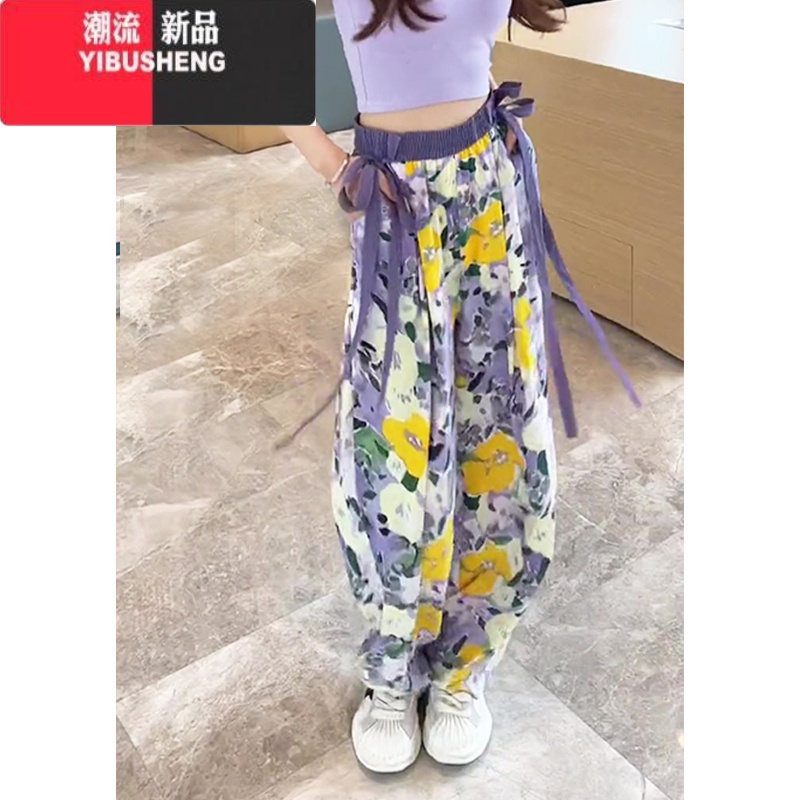 YIBUSHENG新中式国风印花冰丝阔腿裤女大码胖mm季薄款飘带高腰显瘦休闲阔 L推荐100-115斤 5646#紫棠黄花