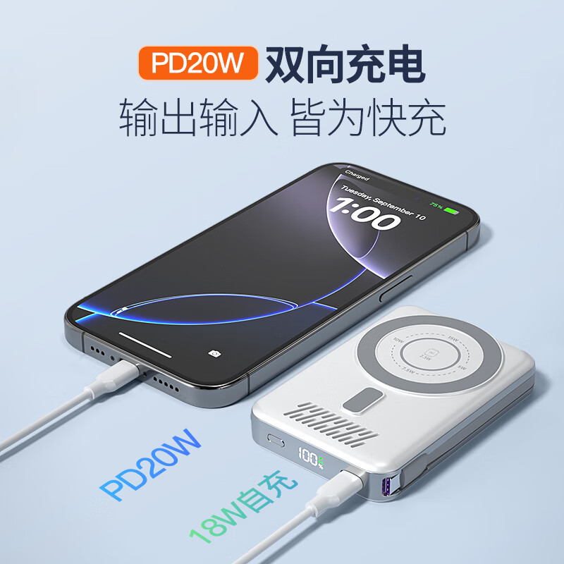 纽曼(Newmine)[QI2+3C认证]10000毫安时磁吸AL265充电宝超薄无线 快充可上飞机移动电源高清大图