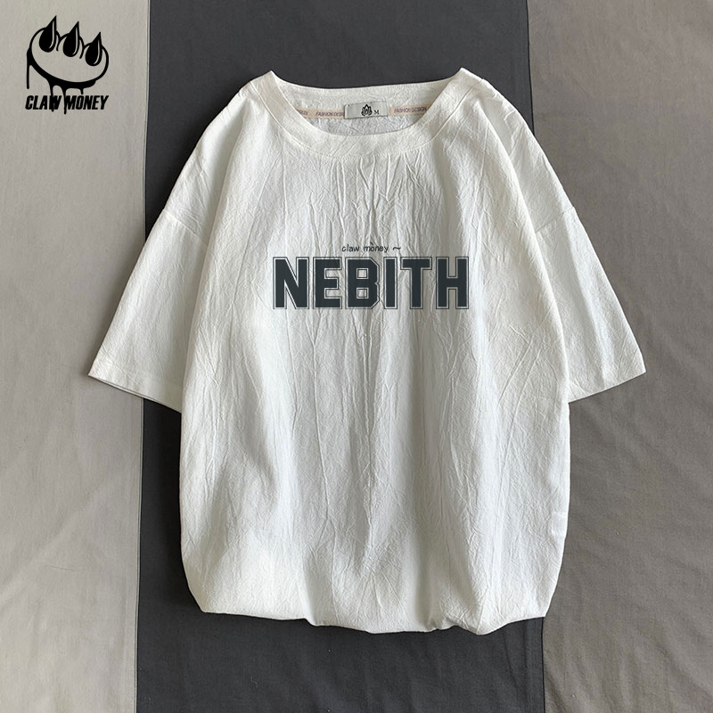 Claw money夏季棉麻短袖T恤男韩版潮流亚麻五分袖休闲宽松半截袖