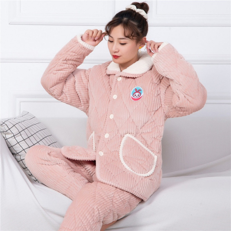 冬季睡衣女加厚款加绒珊瑚绒保暖三层夹棉秋冬天女装法兰绒家居服衫