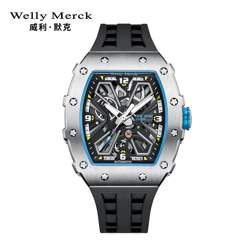 welly merck威利默克手表男新款自动机械表品牌正品防水时尚男表大表盘镂空腕表WM101M