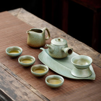 青石釉侧把壶泡茶器日式茶盘功夫茶具套装陶瓷干泡家用茶杯 青石侧把壶干泡10头(小叶盘)