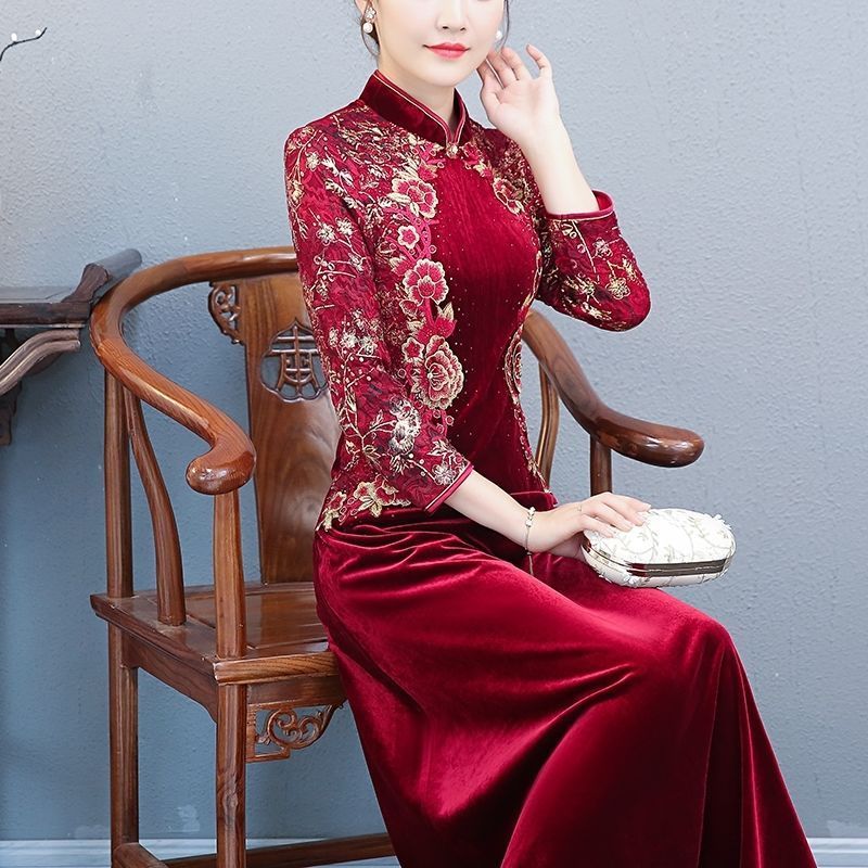 妈妈装婚礼丝绒旗袍连衣裙长款婚宴喜婆婆女旗袍礼服高贵长袖春秋季