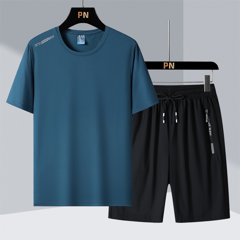 啄木鸟速干冰丝运动套装男短袖T恤夏季新款大码男装休闲裤两件套 2207邮兰 L