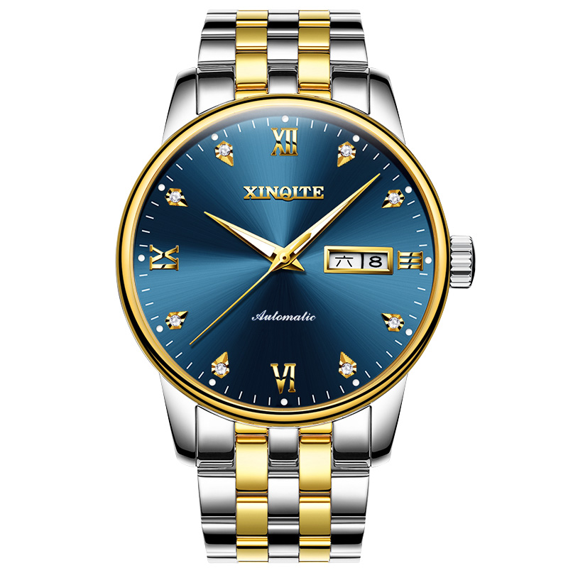正品新奇特手表男士学生薄自动机械表防水夜光时尚商务新款男表 X-27 间金蓝面