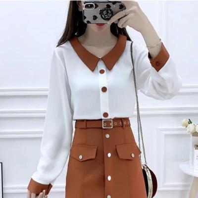 单/套装2021春新款气质时尚长袖拼色雪纺衫高腰A字半身裙两件套女 单卡其上衣 S