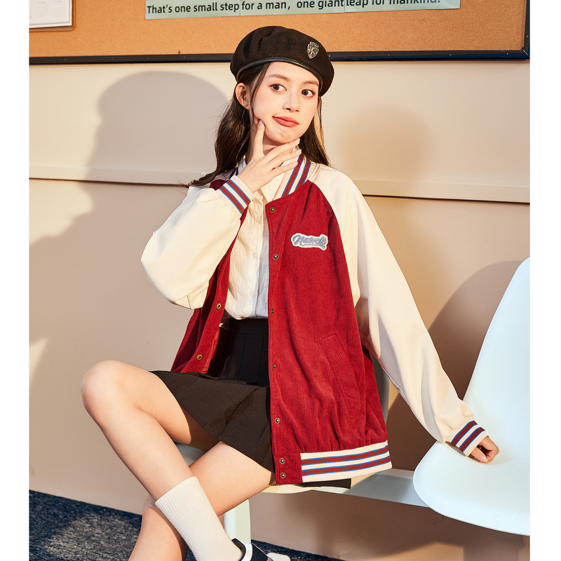 唐狮新款灯芯绒外套女春秋秋季美式复古风红色新衣服棒球服