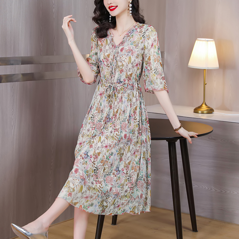 [送运费险]多款真丝连衣裙女夏装2024年新款气质洋气桑蚕丝碎花度假长款裙子奢华大牌气质桑蚕丝裙子高端真丝连衣裙女夏季