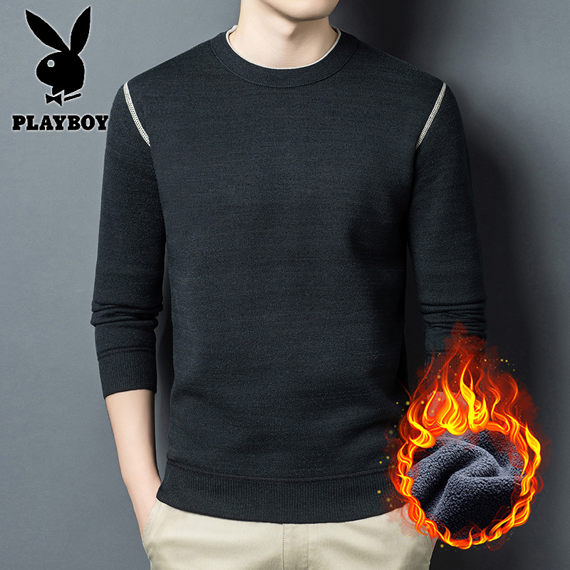 花花公子新款高品质羊毛冬季加绒时尚圆领高弹保暖卫衣_59高清大图