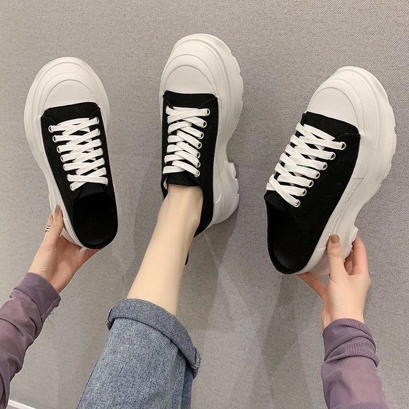 帆布小白鞋女2021春夏秋三季新款百搭休闲单鞋松糕厚底鞋增高女鞋 黑色827 37