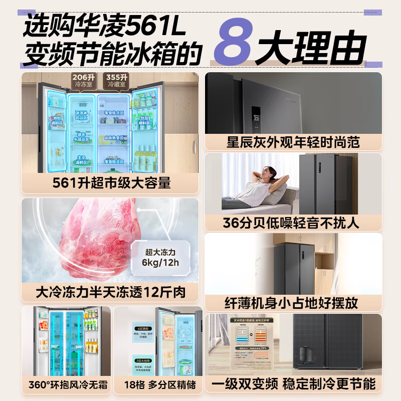 华凌对开门电冰箱节能低音小型家用租房冷冻冷藏直冷风冷无霜商用冰箱 [一级风冷无霜561升]HR-589WKP炭灰-月夜高清大图