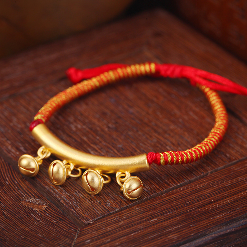 新金珠宝黄金铃铛弯管手绳一步一响铃铛红色编绳国风1042