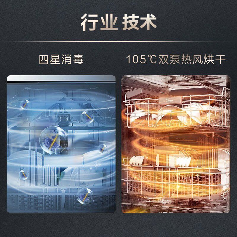 美的(Midea)洗碗机家用 15套 嵌入式 四星消毒 五臂飓风洗光触媒变频热风智能全自动刷碗机 P60图片