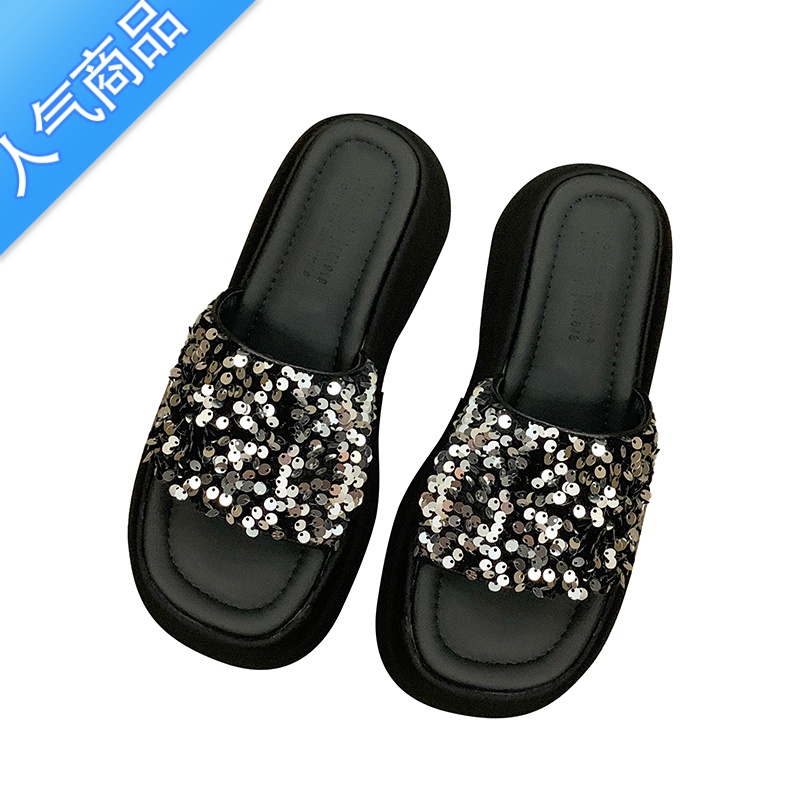 SUNTEK高级感厚底凉鞋半拖女夏季外穿精致新款亮片松糕底女士一字拖鞋子高清大图