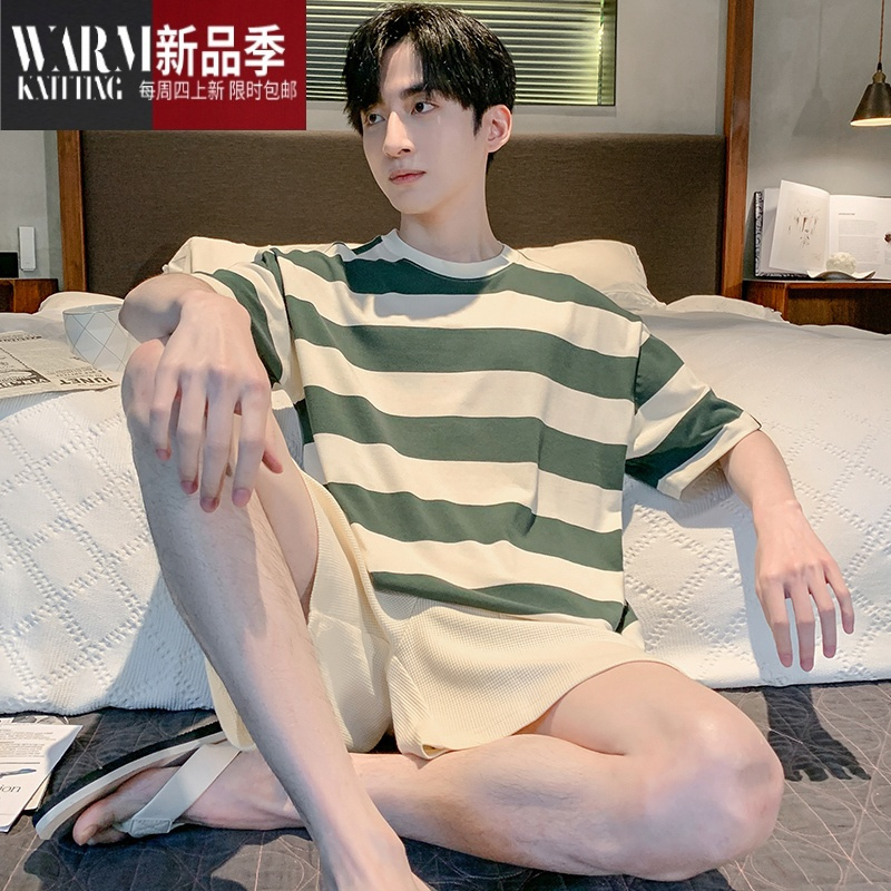 SHANCHAO男士睡衣莫代尔夏季薄款夏天短袖青少年家居服套装男款可外穿大码