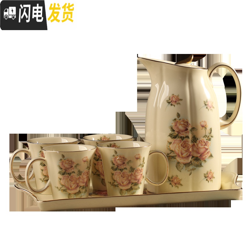 三维工匠水杯套装家用陶瓷客厅水具杯子欧式耐热杯具带托盘冷水壶茶具套装 芙蓉水具(6杯+壶+木架+陶瓷盘)HJW-219高清大图