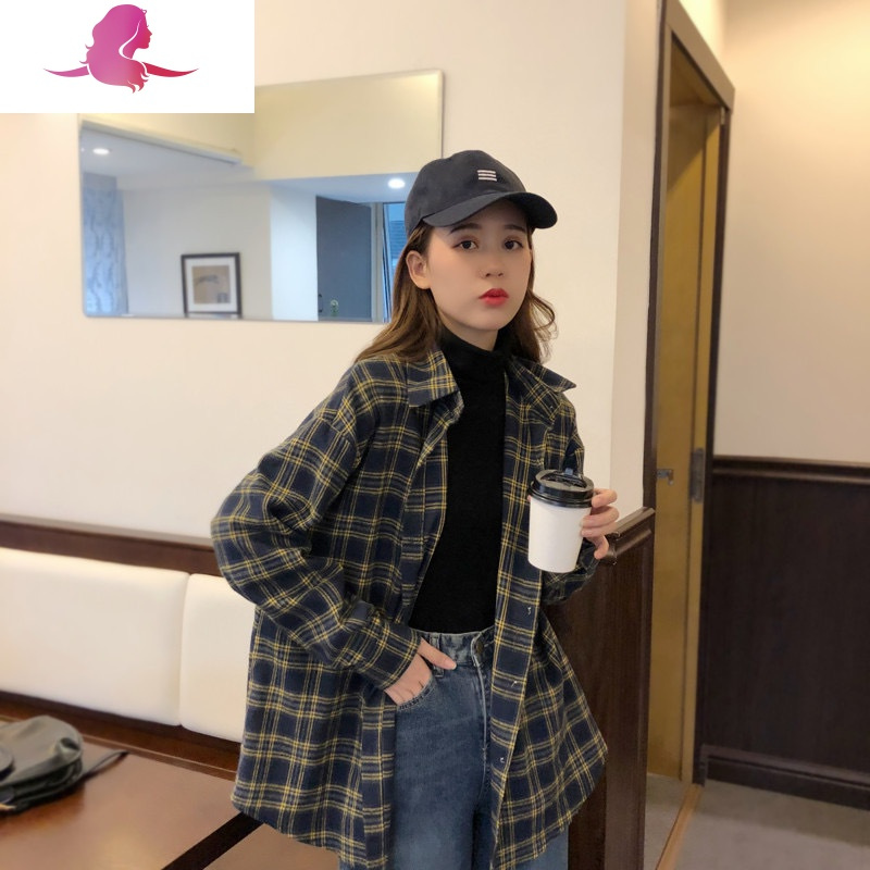 艳如飞磨毛格子衬衫女长袖港味复古2020新款宽松外穿内搭网红打底衬衣潮衬衫