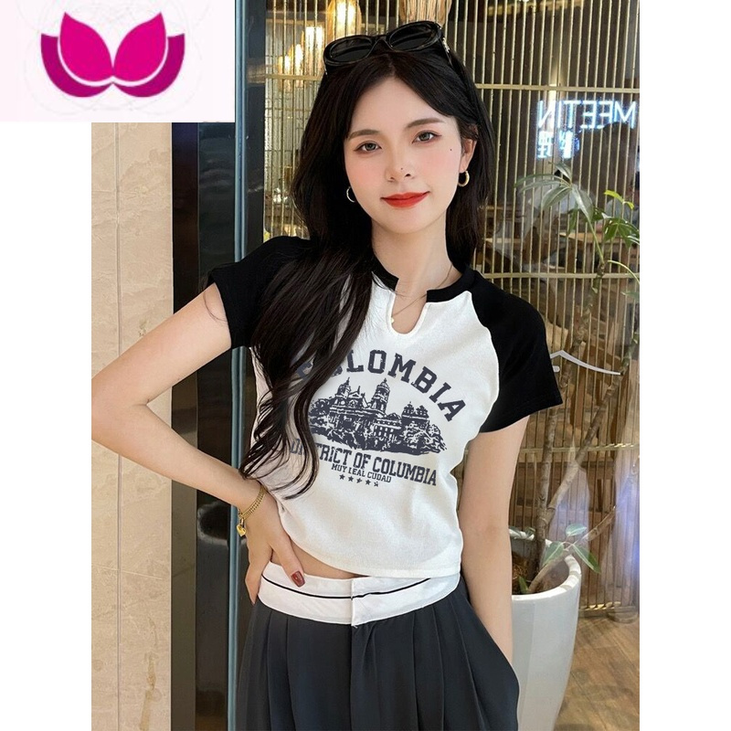 七斓纯欲插肩袖T恤女夏装ins百搭短款上衣辣妹修身新款短袖V领打底衫