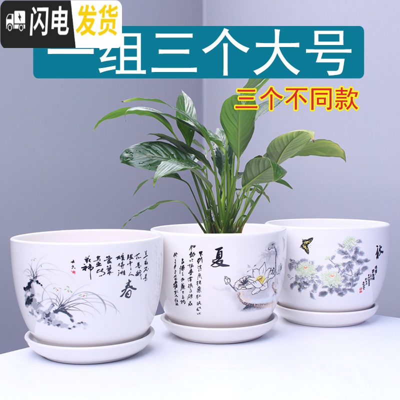 三维工匠花盆 陶瓷 大号一套三个带托盘家用室内阳台简约多肉绿植批发 (303梅兰)两个大号 大花盆容器高清大图