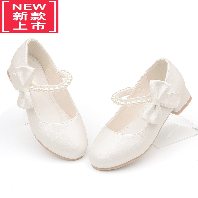 可莉允女童白色高跟鞋公主风春秋季皮鞋中大童鞋黑色儿童配晚礼服鞋珍珠运动休闲鞋