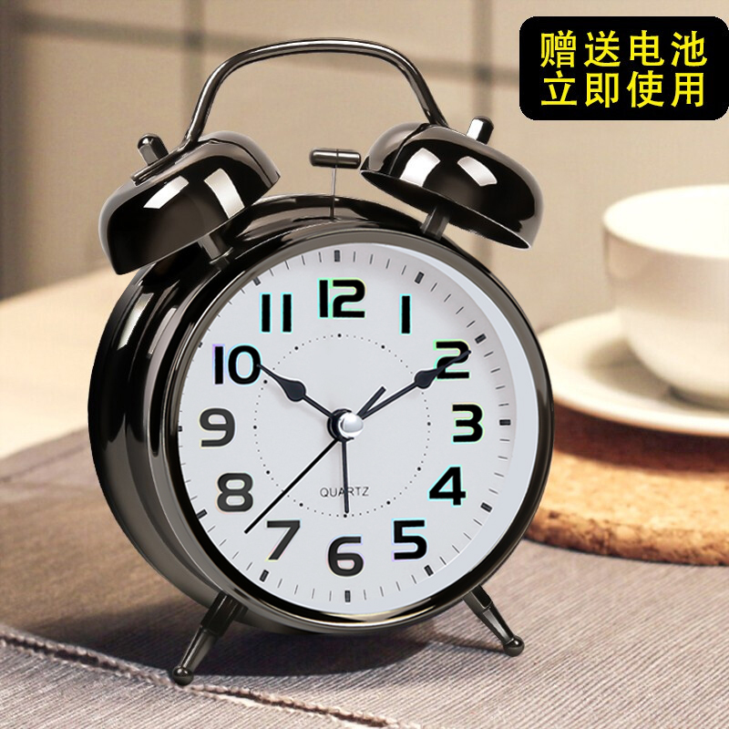 小闹钟学生静音床头夜光创意个性懒人儿童闹铃声音超大金属打铃钟 曜黑镭射款[夜灯+贪睡+365天质保] 17.5厘米