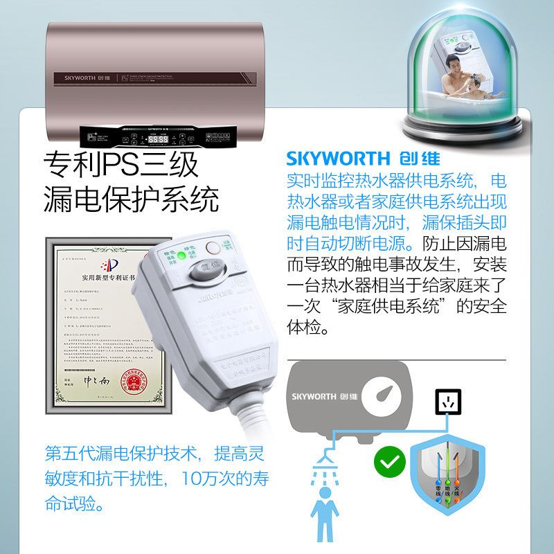 创维(Skyworth) 60升 电热水器 家用储水式3000W速热 一级能效 扁桶双胆 双管大容量D2B