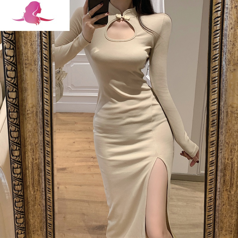 艳如飞秋冬装御姐范气质女欧美风性感长袖镂空开叉修身显瘦连衣裙长裙