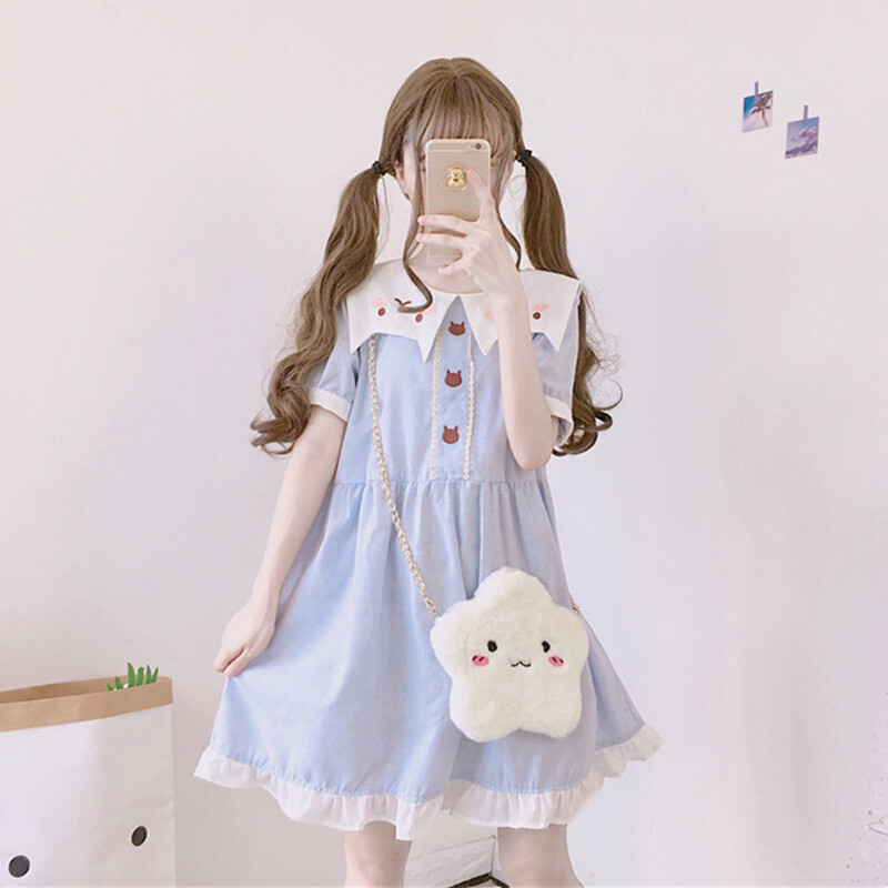 日系可爱裙子女夏装宽松海军风连衣裙学生洛丽塔萌系小清新娃娃裙lm