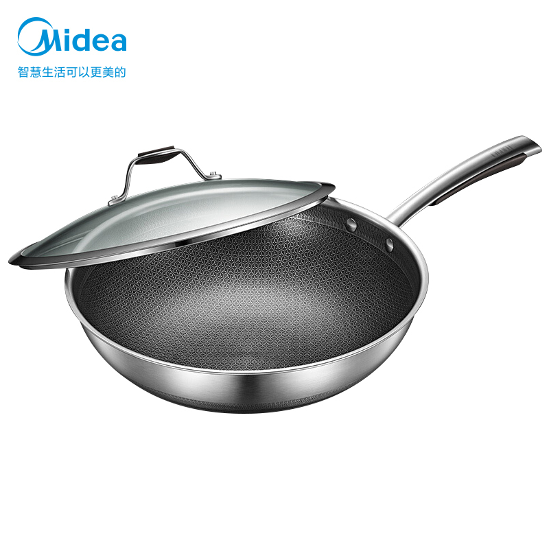 美的(Midea)炒锅MP-CJ32Wok502电磁炉明火通用32CM不粘锅无油烟炒菜 316L不锈钢双面蜂窝平底炒菜锅视频介绍_美的 ...