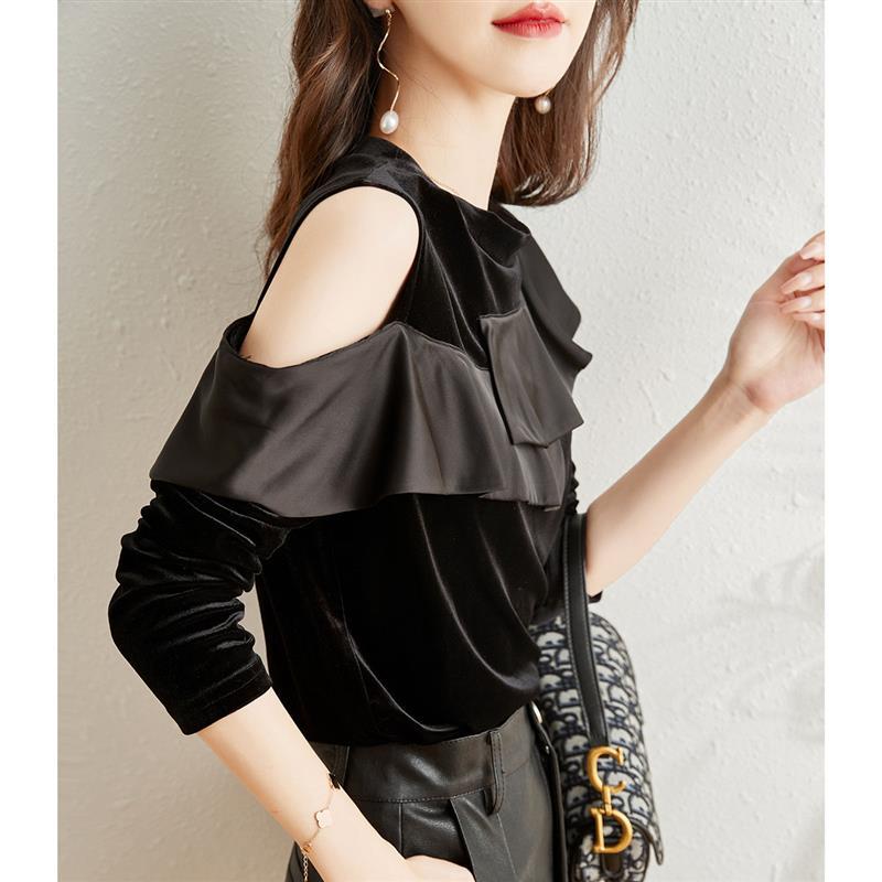 沫晗依美2021秋新款时尚韩版木耳边长袖休闲打底衫女