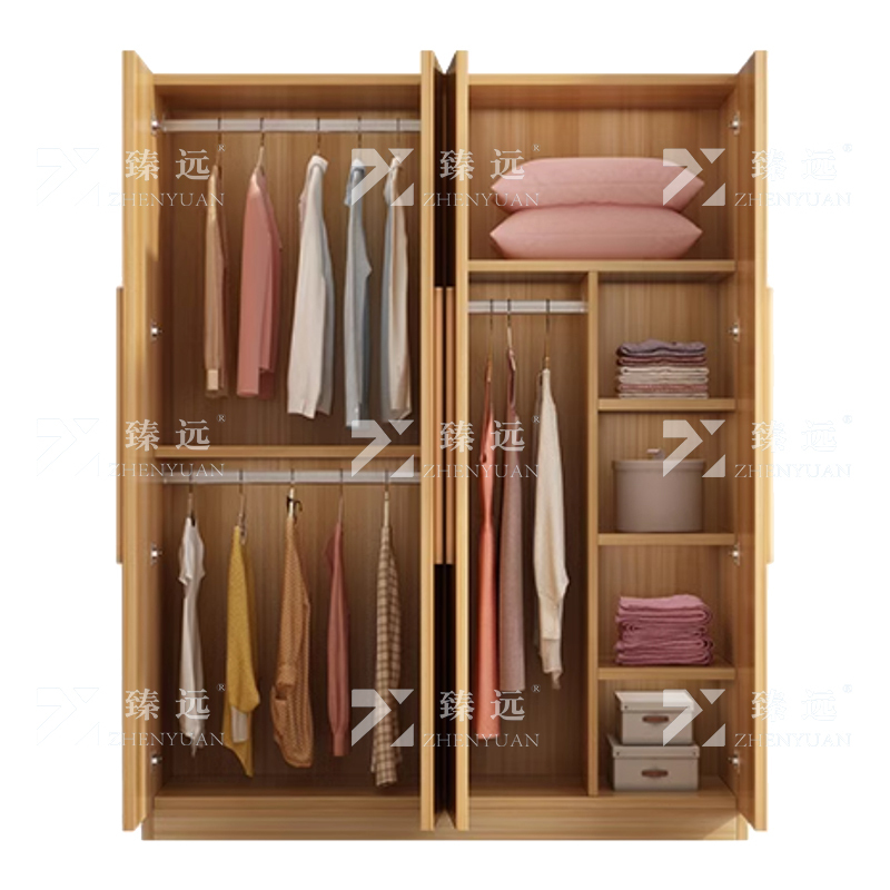 臻远 ZY4022323简约木质衣柜衣服收纳柜 浅胡桃色四门