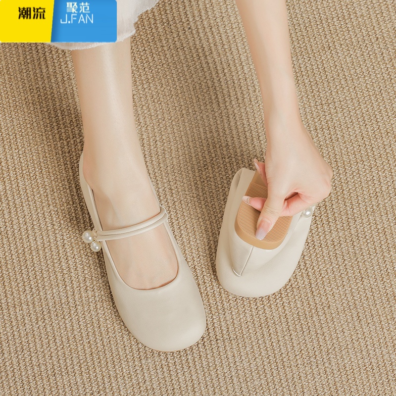 聚范玛丽珍女鞋2024新款温柔配裙子小皮鞋浅口平底软底豆豆单鞋 杏色一字带 36