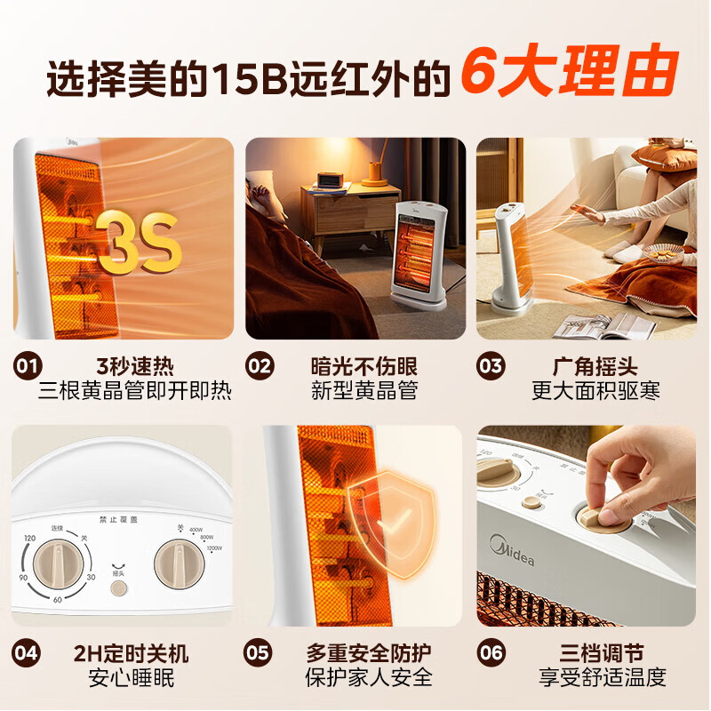 美的取暖器广角摇头远红外小太阳便携取暖炉迷你速热烤火炉办公电暖器 NS12-15B白色高清大图