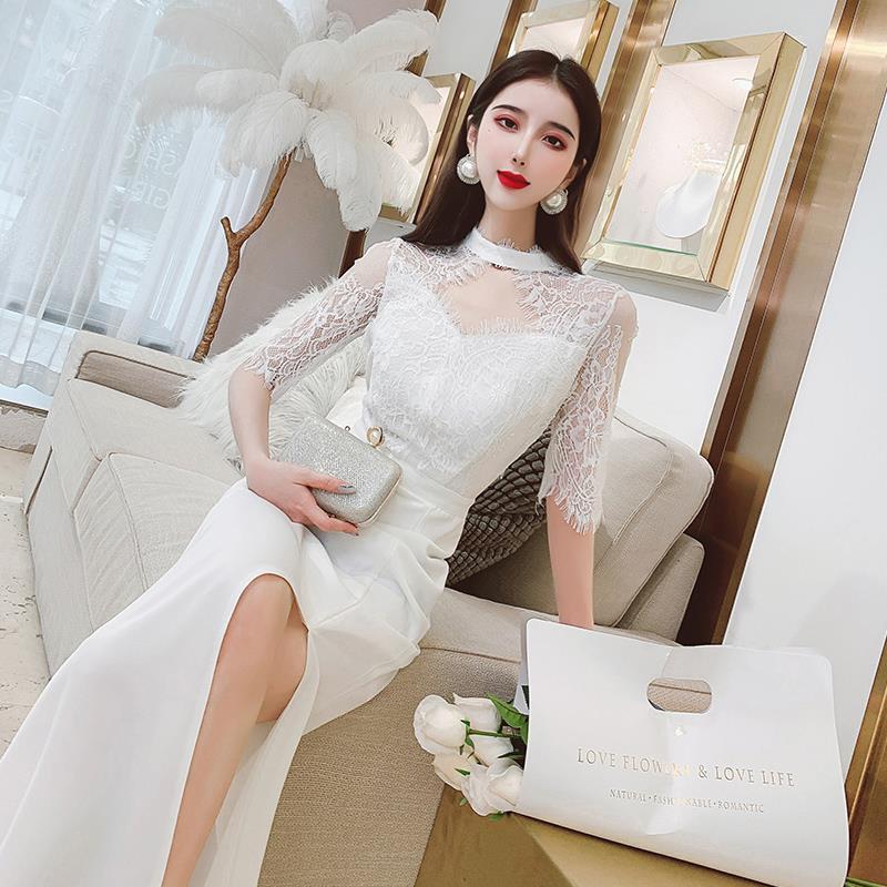 名媛气质蕾丝拼接连衣裙收腰显瘦女夏2021新款chic开叉包臀裙韩版