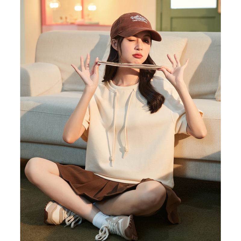 [2.5折价69元]唐狮夏季新款女T恤薄款休闲运动短袖卫衣抽绳圆领上衣简约