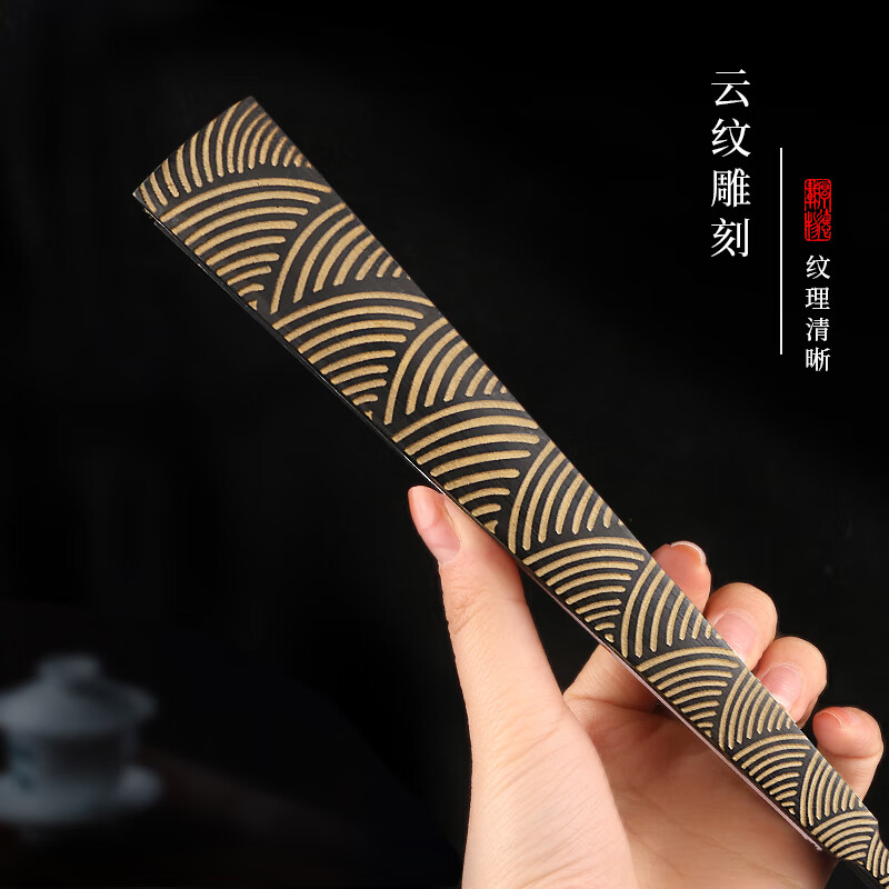 翊橙扇子折扇送人高端定制云纹精雕刻宣纸黑洒金绢布古风海浪纹国潮男高清大图