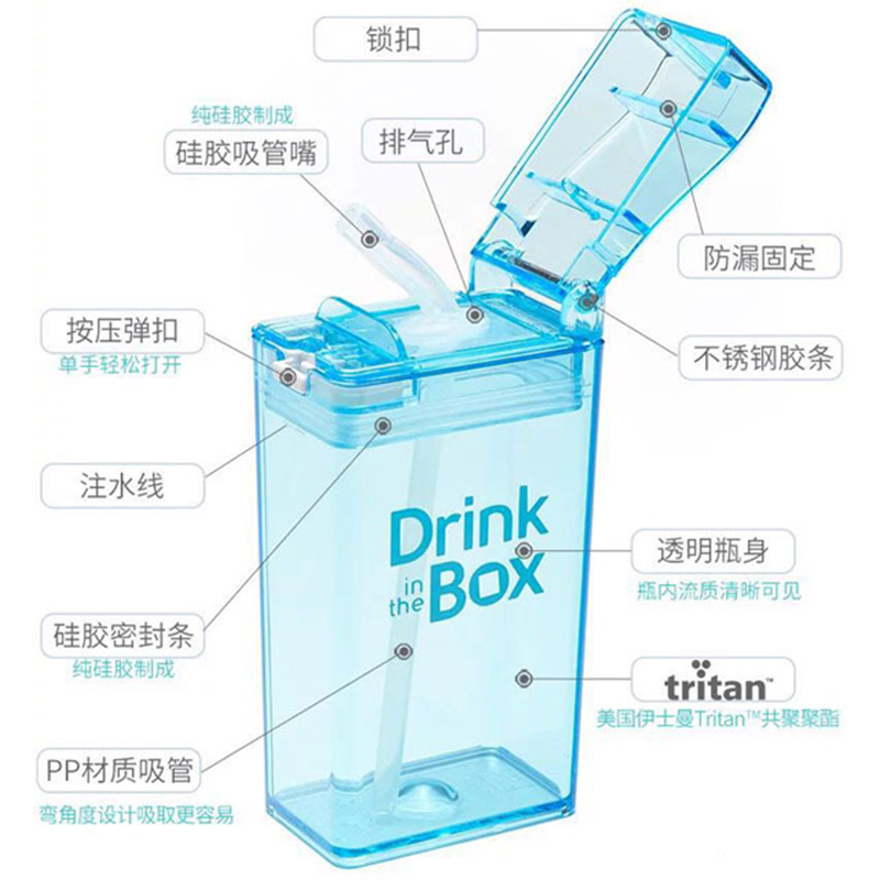 加拿大Drink in the Box儿童成人吸管杯喝水杯便携式果汁杯饮料杯印花系列小号235ml蓝色小恐龙